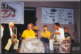 Geoff at the Bix Beiderbecke Memorial Jazz Festival,Davenport,Iowa,USA,1998.The trombonist on the left is 96 year old Speigle Wilcox,who played & recorded with Bix in the Jean Goldkette Orchestra, 1927.