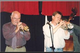 Geoff with Bob Barnard,Suncoast Jazz Festival,St Helen's,Tasmania 2002